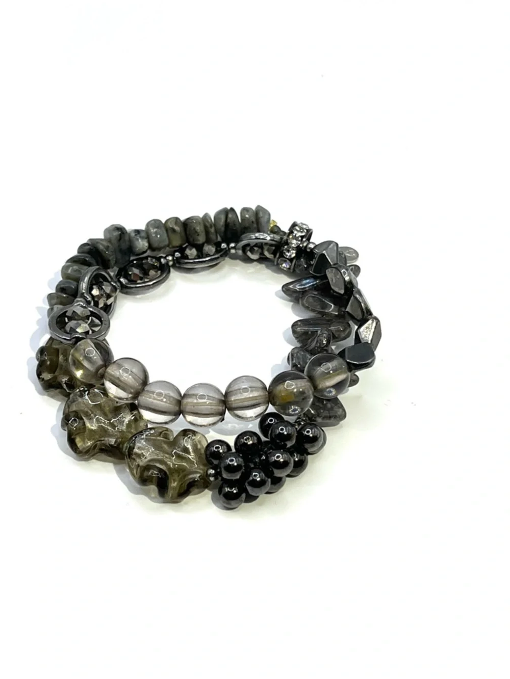 Treska Gray Beaded Silver Stretch Double Bracelet Set Gray Gun Metal Bracelets